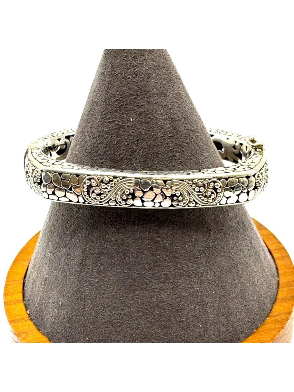 Pebbled Scroll Design Hinged Bangle Bracelet Sterling Silver 925 Size 7.5" Fit